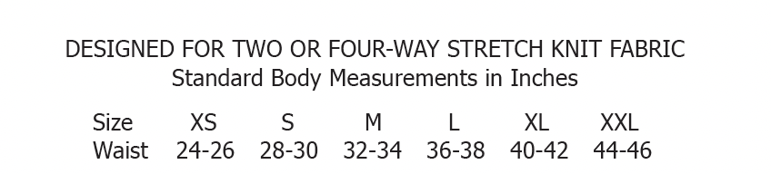 Text detailing fabric stretch properties and body measurements for different sizes.